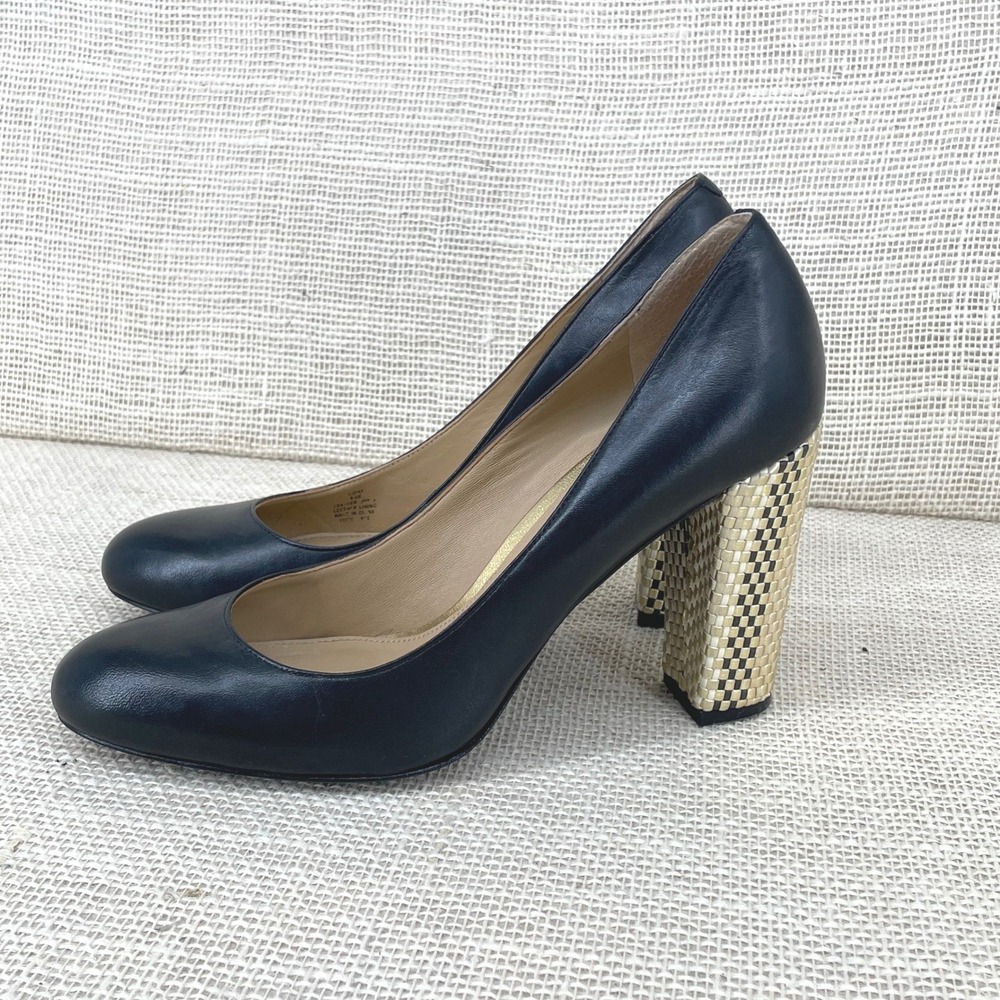Lauren Ralph Lauren Viona Black‎ Leather Woven Gold Block Heel Pumps 8.5B